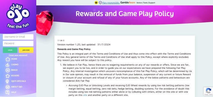 PlayOJO Bonus Terms